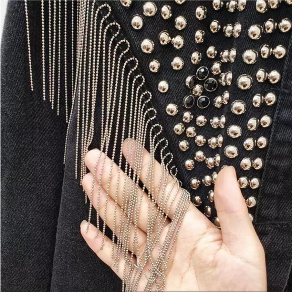 #46 NEW! Black Oversized Studded Chain Fringe Denim Jacket/Coat - Picture 4 of 8